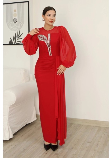 Yakası Tül Bel Detaylı Pile ve Yırtmaçlı Abiye Elbise 2313-KIRMIZI