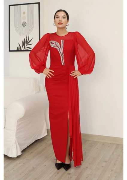 Yakası Tül Bel Detaylı Pile ve Yırtmaçlı Abiye Elbise 2313-KIRMIZI fiyatları