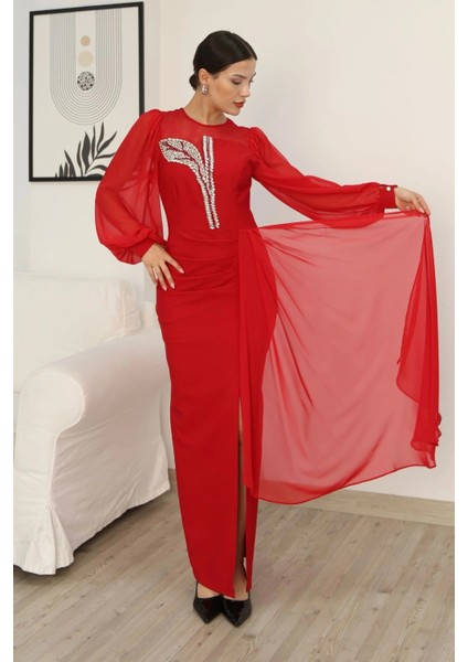 Yakası Tül Bel Detaylı Pile ve Yırtmaçlı Abiye Elbise 2313-KIRMIZI modelleri
