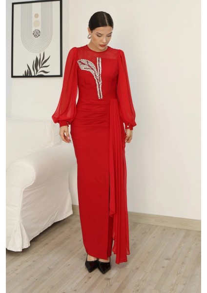 Yakası Tül Bel Detaylı Pile ve Yırtmaçlı Abiye Elbise 2313-KIRMIZI fırsatları