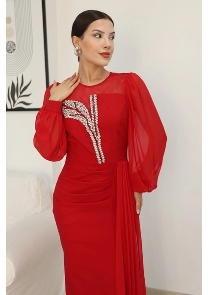 Yakası Tül Bel Detaylı Pile ve Yırtmaçlı Abiye Elbise 2313-KIRMIZI indirimleri