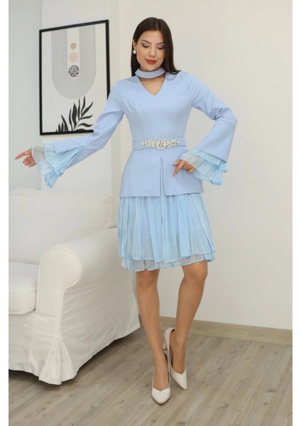 Büzgü Detaylı Kemerli Elbise 2338-BEBE Mavisi