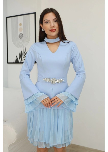 Büzgü Detaylı Kemerli Elbise 2338-BEBE Mavisi fırsatları