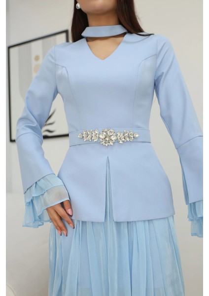 Büzgü Detaylı Kemerli Elbise 2338-BEBE Mavisi indirimleri