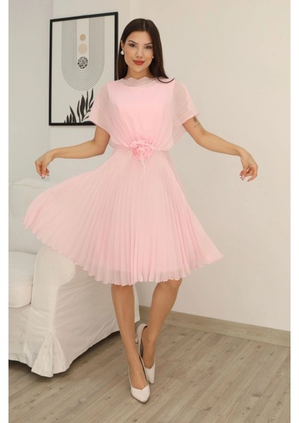 Çiçek Detaylı Piliseli Elbise 2378-PUDRA modelleri