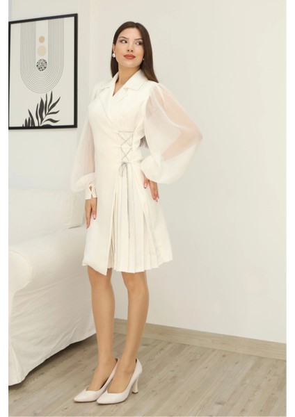Bağlama Detaylı Piliseli Elbise 2324-BEYAZ modelleri