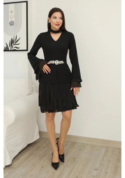 Büzgü Detaylı Kemerli Elbise 2338-SIYAH