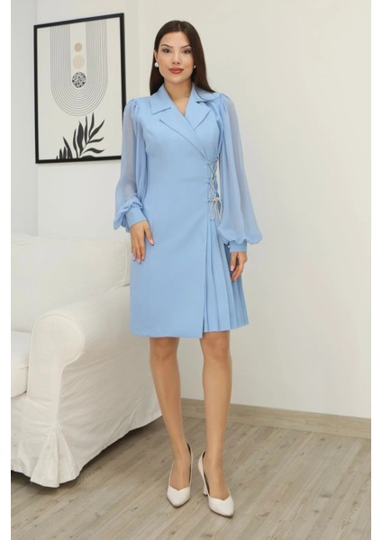 Bağlama Detaylı Piliseli Elbise 2324-BEBE Mavisi fiyatları