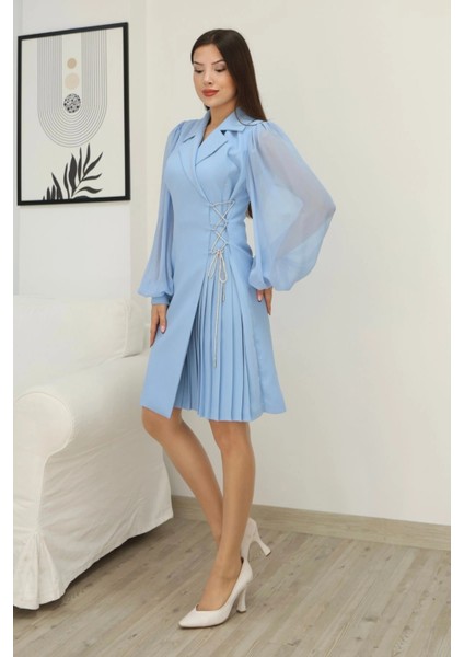 Bağlama Detaylı Piliseli Elbise 2324-BEBE Mavisi fırsatları