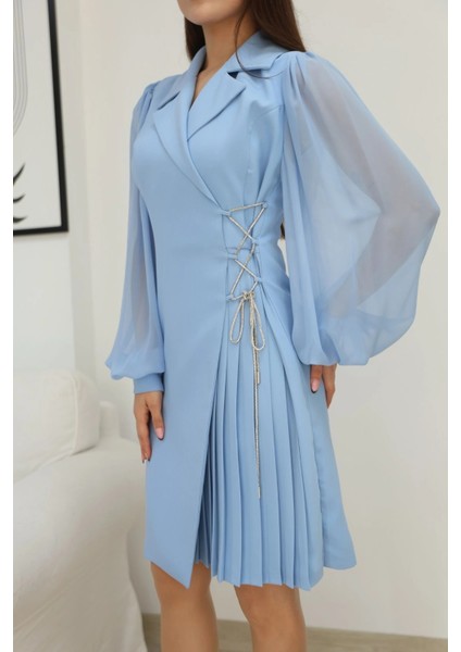 Bağlama Detaylı Piliseli Elbise 2324-BEBE Mavisi indirimleri