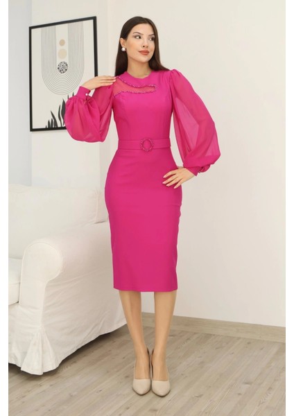 Tül ve Işleme Detaylı Midi Elbise 2285-FUŞYA