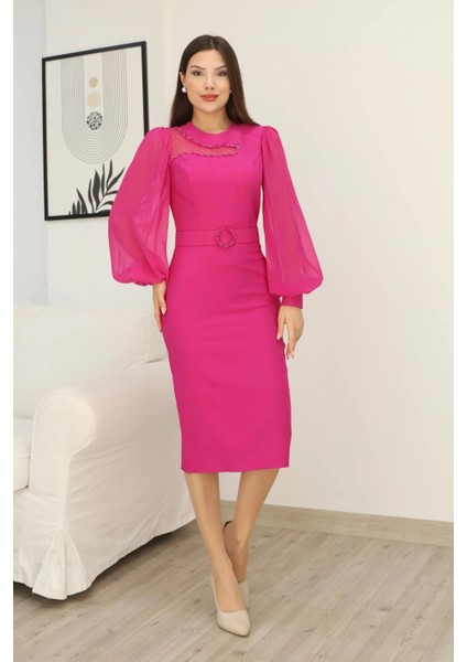 Tül ve Işleme Detaylı Midi Elbise 2285-FUŞYA fiyatları