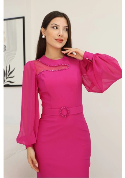 Tül ve Işleme Detaylı Midi Elbise 2285-FUŞYA modelleri