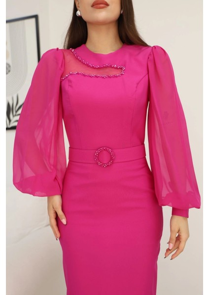 Tül ve Işleme Detaylı Midi Elbise 2285-FUŞYA fırsatları