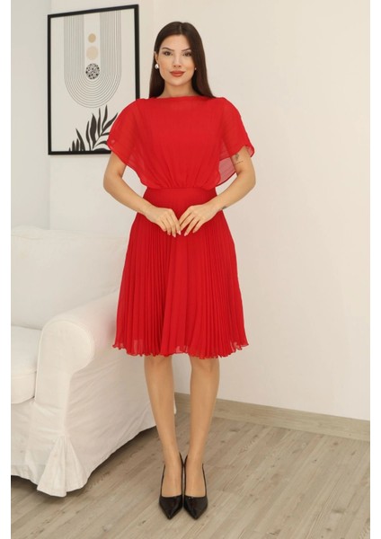 Çiçek Detaylı Piliseli Elbise 2378-KIRMIZI