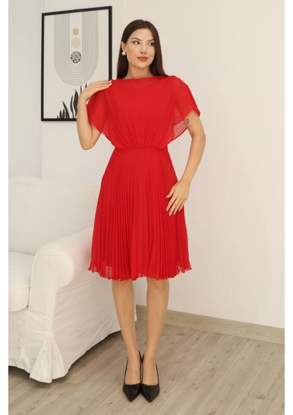 Çiçek Detaylı Piliseli Elbise 2378-KIRMIZI fiyatları