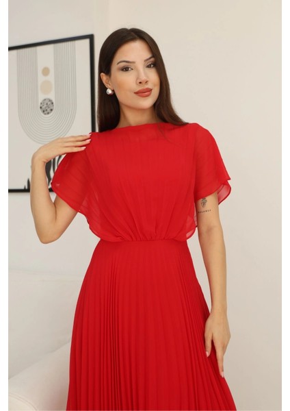 Çiçek Detaylı Piliseli Elbise 2378-KIRMIZI indirimleri