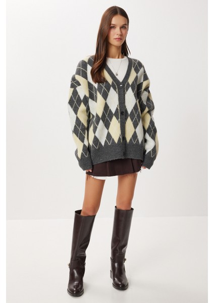 Oversize Baklava Desenli Triko Hırka LXA0028 Antrasit Sarı