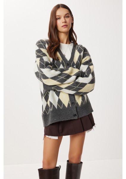 Oversize Baklava Desenli Triko Hırka LXA0028 Antrasit Sarı fiyatları