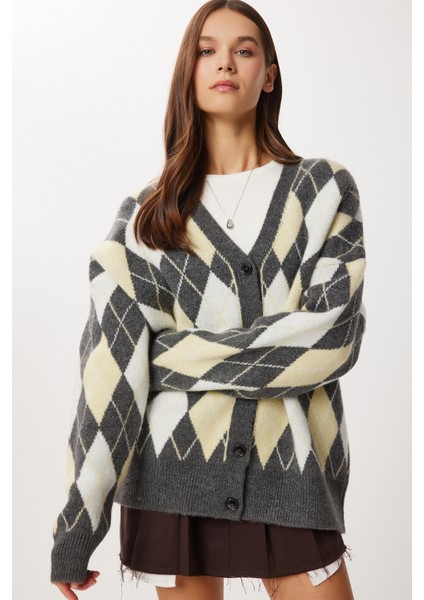 Oversize Baklava Desenli Triko Hırka LXA0028 Antrasit Sarı modelleri