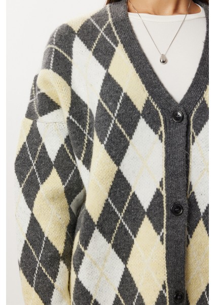 Oversize Baklava Desenli Triko Hırka LXA0028 Antrasit Sarı fırsatları