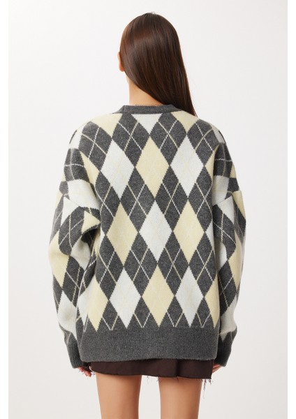 Oversize Baklava Desenli Triko Hırka LXA0028 Antrasit Sarı indirimleri