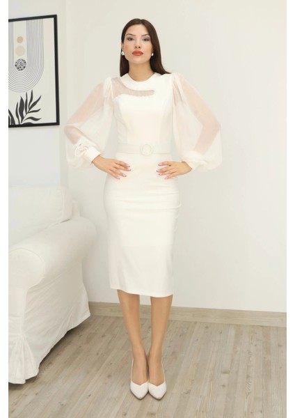 Tül ve Işleme Detaylı Midi Elbise 2285-BEYAZ