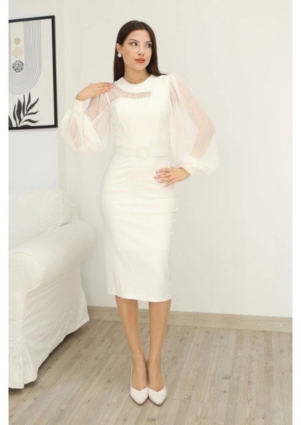 Tül ve Işleme Detaylı Midi Elbise 2285-BEYAZ fiyatları