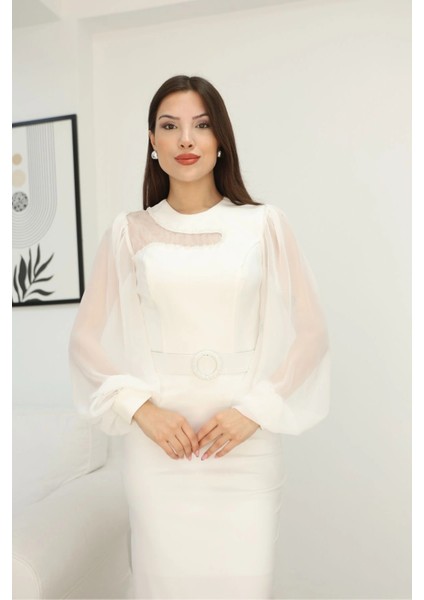 Tül ve Işleme Detaylı Midi Elbise 2285-BEYAZ modelleri