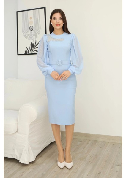 Tül ve Işleme Detaylı Midi Elbise 2285-BEBE Mavisi fiyatları