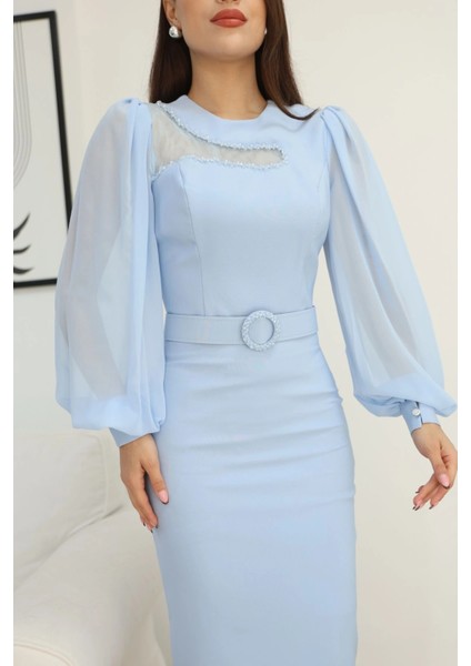 Tül ve Işleme Detaylı Midi Elbise 2285-BEBE Mavisi modelleri