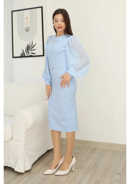 Tül ve Işleme Detaylı Midi Elbise 2285-BEBE Mavisi indirimleri