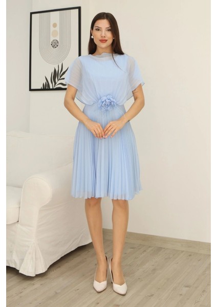 Çiçek Detaylı Piliseli Elbise 2378-BEBE Mavisi fiyatları