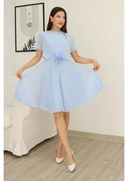 Çiçek Detaylı Piliseli Elbise 2378-BEBE Mavisi fırsatları