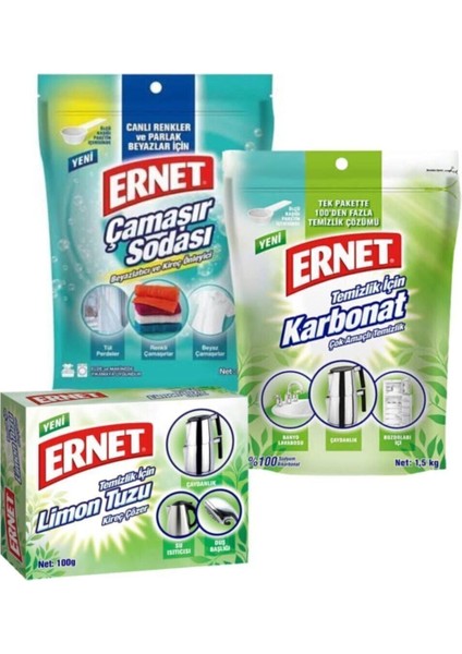 Temizlik Için Karbonat 1.5 kg + Temizlik Için Limon Tuzu 100 gr + Çamaşır Sodası 2 kg 3 Lü Set