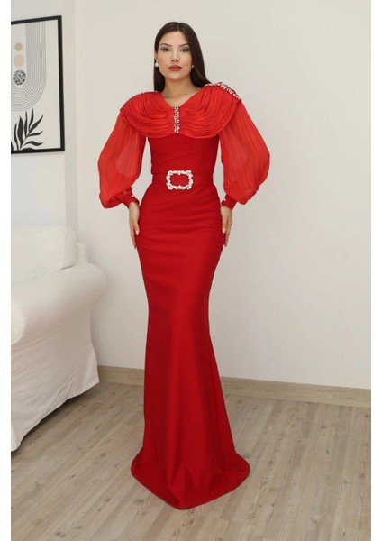 Omuz Drapeli Abiye Elbise 2314-KIRMIZI