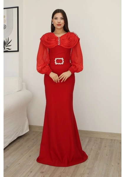 Omuz Drapeli Abiye Elbise 2314-KIRMIZI fiyatları