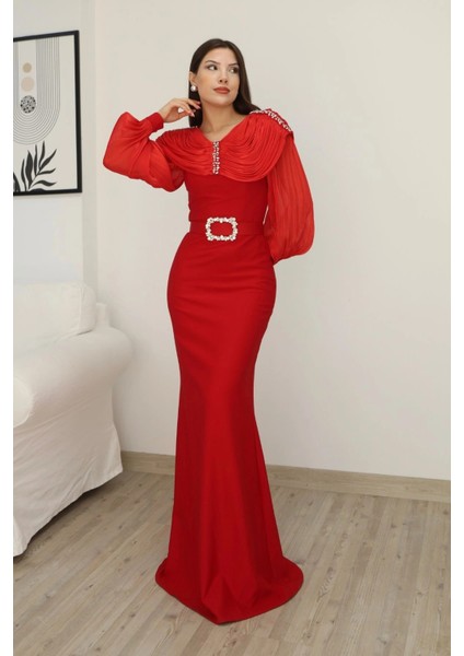 Omuz Drapeli Abiye Elbise 2314-KIRMIZI modelleri