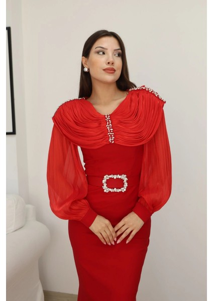 Omuz Drapeli Abiye Elbise 2314-KIRMIZI fırsatları