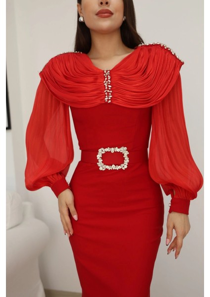 Omuz Drapeli Abiye Elbise 2314-KIRMIZI indirimleri