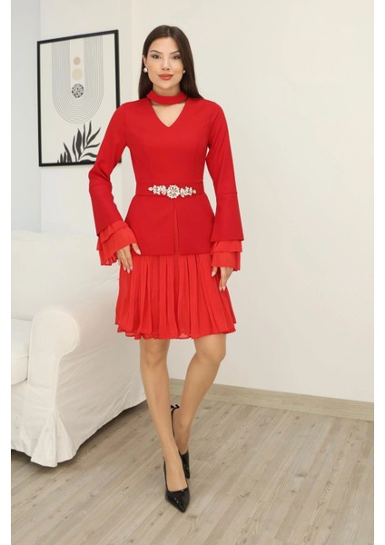 Büzgü Detaylı Kemerli Elbise 2338-KIRMIZI