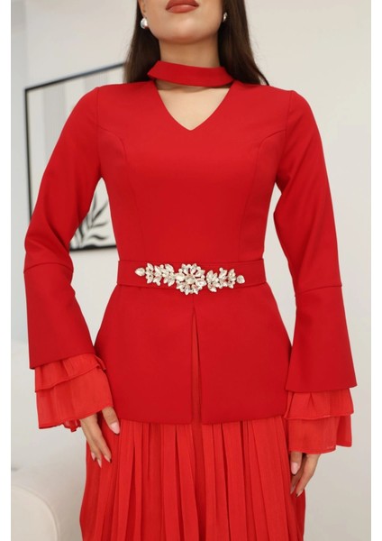 Büzgü Detaylı Kemerli Elbise 2338-KIRMIZI fırsatları