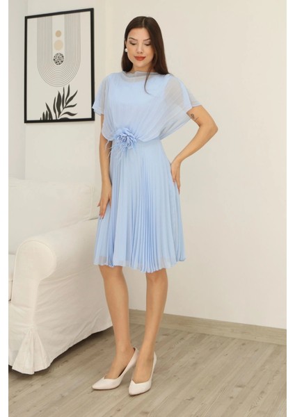 Çiçek Detaylı Piliseli Elbise 2378-BEBE Mavisi modelleri