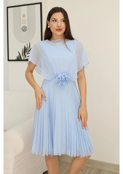 Çiçek Detaylı Piliseli Elbise 2378-BEBE Mavisi indirimleri