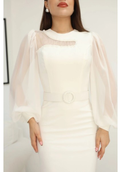 Tül ve Işleme Detaylı Midi Elbise 2285-BEYAZ fırsatları