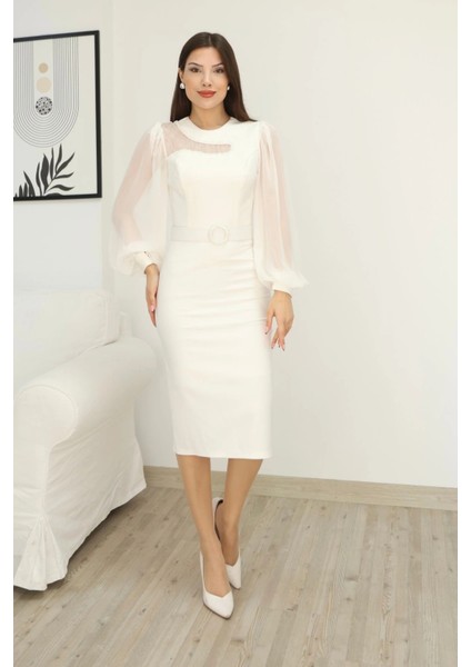 Tül ve Işleme Detaylı Midi Elbise 2285-BEYAZ indirimleri