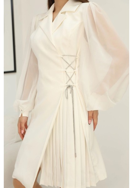 Bağlama Detaylı Piliseli Elbise 2324-BEYAZ indirimleri