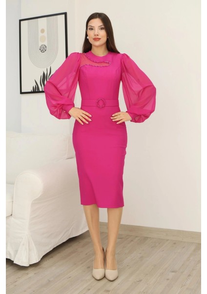 Tül ve Işleme Detaylı Midi Elbise 2285-FUŞYA indirimleri