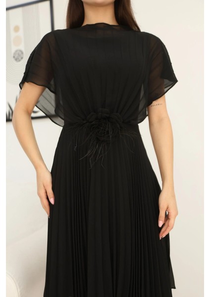 Çiçek Detaylı Piliseli Elbise 2378-SIYAH fırsatları