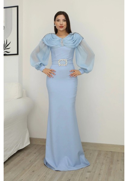 Omuz Drapeli Abiye Elbise 2314-BEBE Mavisi